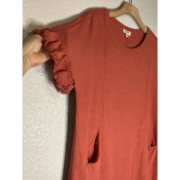 Umgee Linen Blend Top Size M Rust Burnt Orange Short Sleeve Raw Frayed Hem Boho - Picture 2 of 8